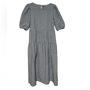 Old Navy Blue White‎ Gingham Check Plaid Puff Sleeve Modest Midi Dress Prairie